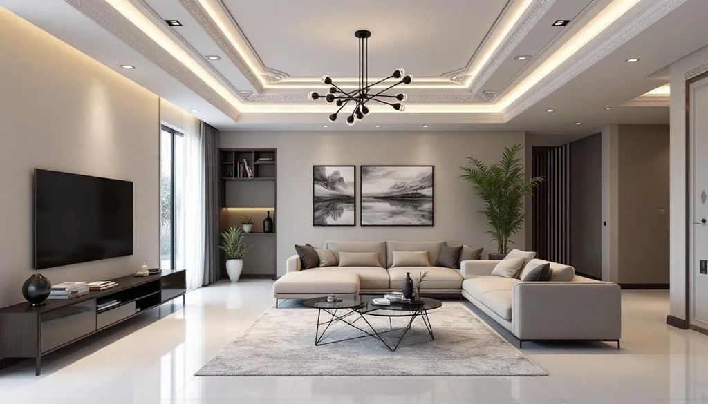 Nowoczesne wnętrze salonu z eleganckimi listwami sufitowymi, które dodają przestrzeni stylowego charakteru. Elementy dekoracyjne, takie jak listwy oświetleniowe mardom decor, podkreślają wyjątkowy design pomieszczenia.