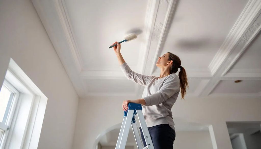 Na obrazie widoczna jest kobieta, która starannie czyści listwy sufitowe miękką szczotką, dbając o detale i utrzymanie ich w czystości. Listwy oświetleniowe mardom decor dodają elegancji wnętrzu, a jej praca podkreśla znaczenie elementów dekoracyjnych w aranżacji przestrzeni.