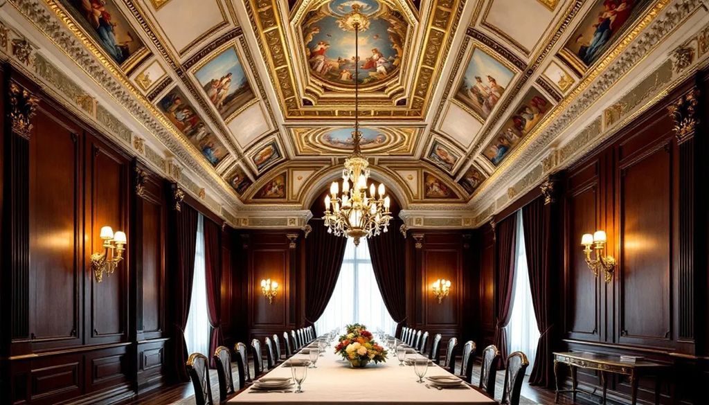 Elegancka klasyczna jadalnia z bogatą sztukateryą sufitową, ozdobiona listwami oświetleniowymi mardom decor oraz elementami dekoracyjnymi, tworzy przytulną i stylową przestrzeń do wspólnych posiłków. Sztukateria na suficie i ścianach podkreśla wyjątkowy charakter wnętrza.