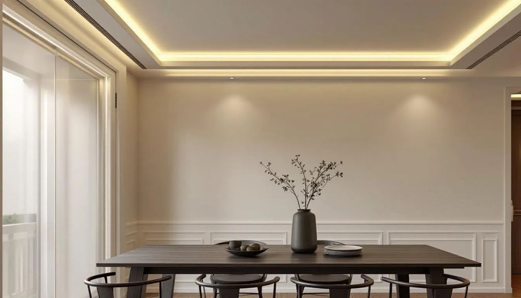 Elegancka jadalnia z subtelnym oświetleniem LED ukrytym w listwach sufitowych, które dodaje przestrzeni nowoczesnego charakteru. Wnętrze ozdobione jest elementami dekoracyjnymi, takimi jak listwy przypodłogowe i sztukateria mardom decor, tworząc harmonijną atmosferę.