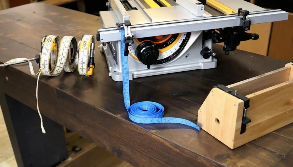 Na obrazku widoczna jest piła stołowa kątowa, metrówka oraz skrzynka uciosowa, które są niezbędnymi narzędziami w warsztacie stolarskim. W tle można dostrzec elementy dekoracyjne, takie jak listwy oświetleniowe mardom decor, które mogą być użyte do wykończenia wnętrza.