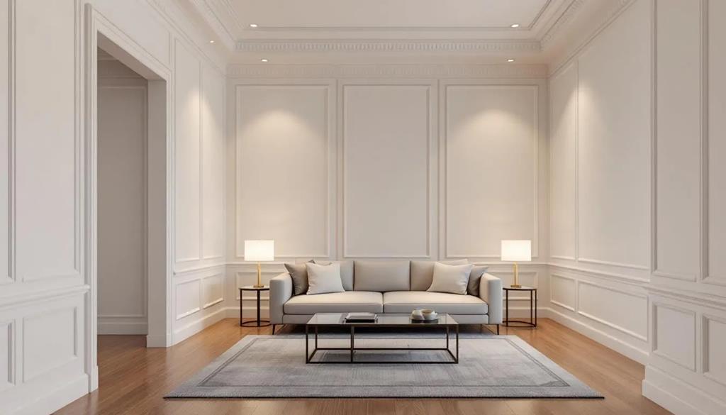 Eleganckie wnętrze salonu z białymi listwami sufitowymi i przypodłogowymi, które nadają pomieszczeniu stylowy charakter. Wysokiej jakości listwy orac decor harmonijnie współgrają z przestrzenią, podkreślając jej elegancję.
