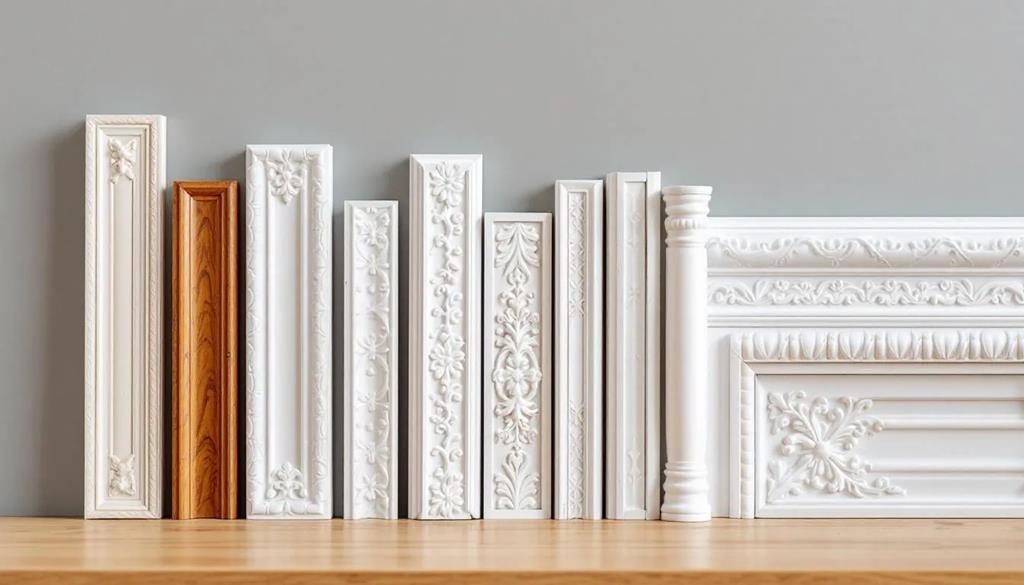 Na obrazku widoczne są różne typy profili Orac Decor, w tym listwy przypodłogowe i sufitowe, starannie ułożone obok siebie. Produkty te, wykonane z poliuretanu, charakteryzują się wysoką jakością i trwałością, idealnie nadając się do dekoracji wnętrz.