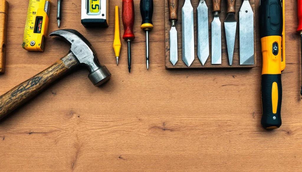 Na drewnianym stole rozłożone są różne narzędzia stolarskie, takie jak piły, młotki i wkrętaki, które mogą być używane do montażu listew przypodłogowych i sufitowych. Obok narzędzi znajdują się także elementy sztukaterii, takie jak listwy orac, które dodają charakteru wnętrzom.